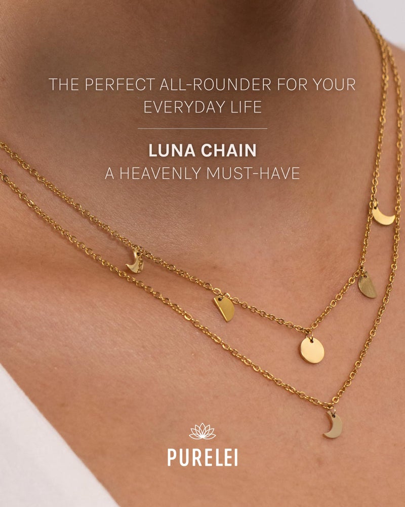 PureleiÂ® Luna Necklace (gold) â€“ 18K Gold plated stainless steel jewelry â€“ Waterproof double chain with moon pendant â€“ 14 to 16 inch adjustable length â€“ Fashion jewelry for your individual look - Image 2